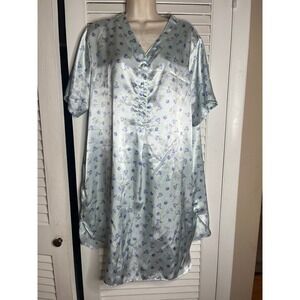 Secret Treasures  1XL Blue Floral Satin Nightgown Short Sleeve V-Neck Sleepwear